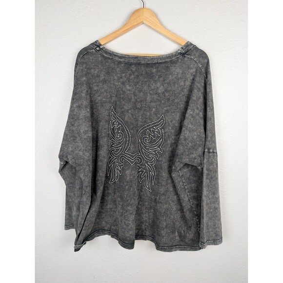 Turquoise Haven Shirt Boho L XL Gray Button Front Angel Wings Embroidered 269 - Picture 2 of 6